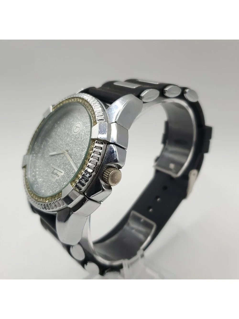 Techno Pave Mens Watch Silver Dial 45mm New Battery